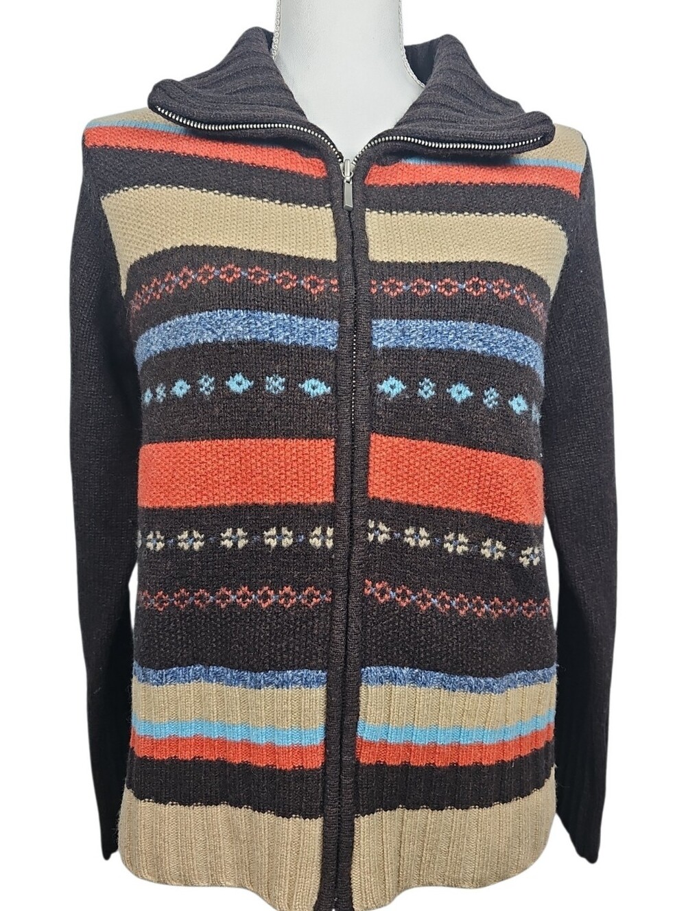 Crazy Horse 100% Wool Brown Orange Full-Zip Cardigan Southwest Fair Isle Size M
